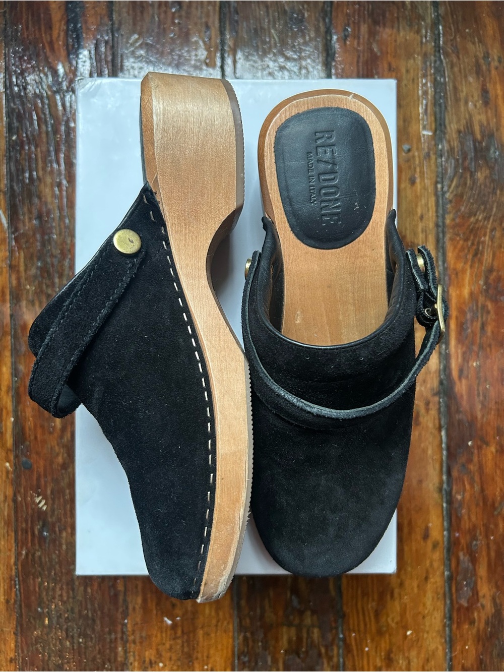 Re/Done Black Suede Clog Mules with Wooden Platform